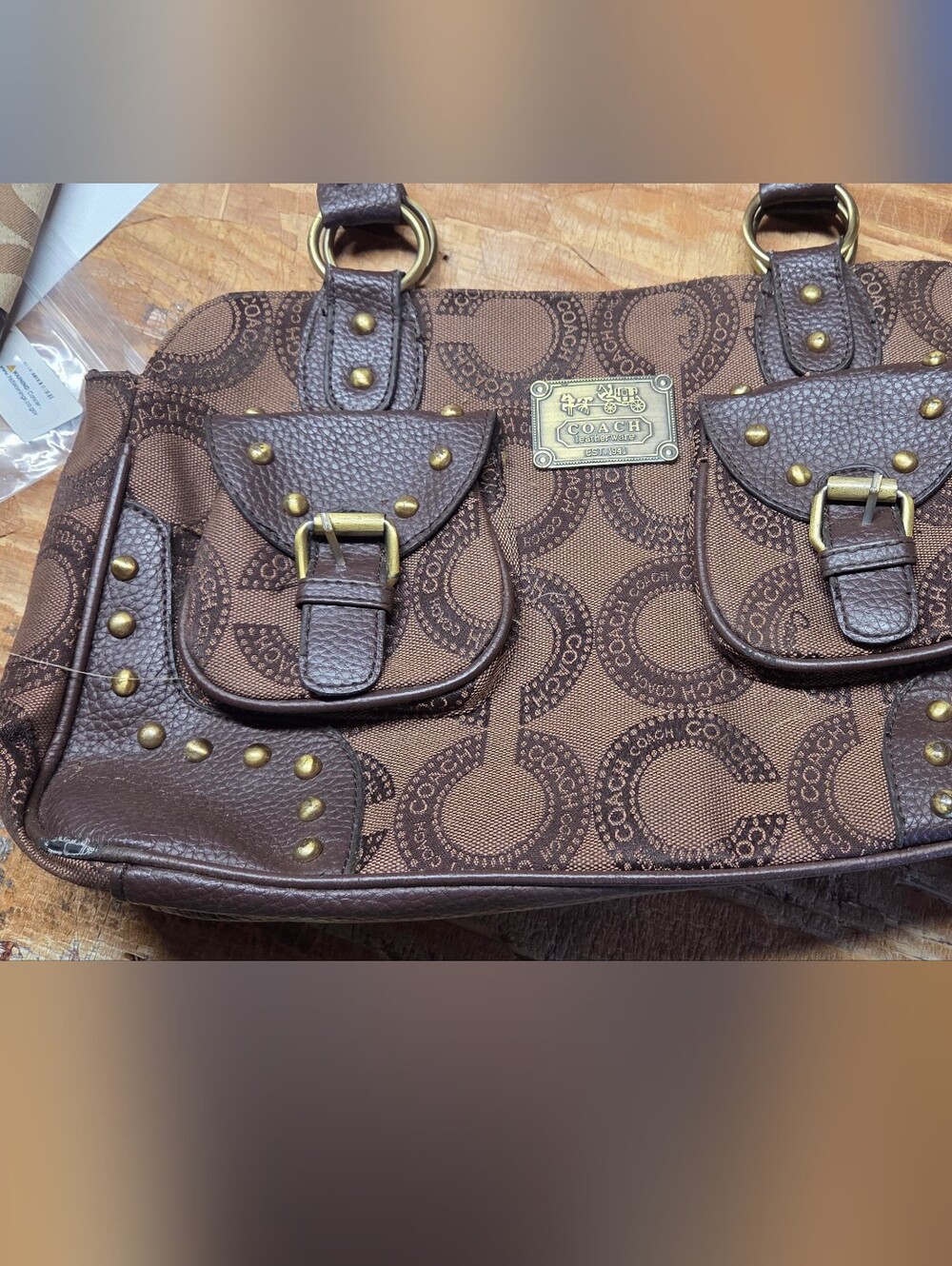 Coach Brown Signature Logo Shoulder Bag with Brass Accents